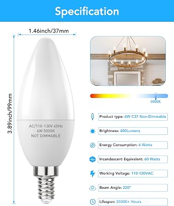 PARTPHONER B11 E12 6W LED Candelabra Bulb 600lm 5000K 6-Pack | Bright 60W Equivalent High CRI 85+ for Ceiling Fan Chandelier Energy Efficient Flicker Free, Daylight White