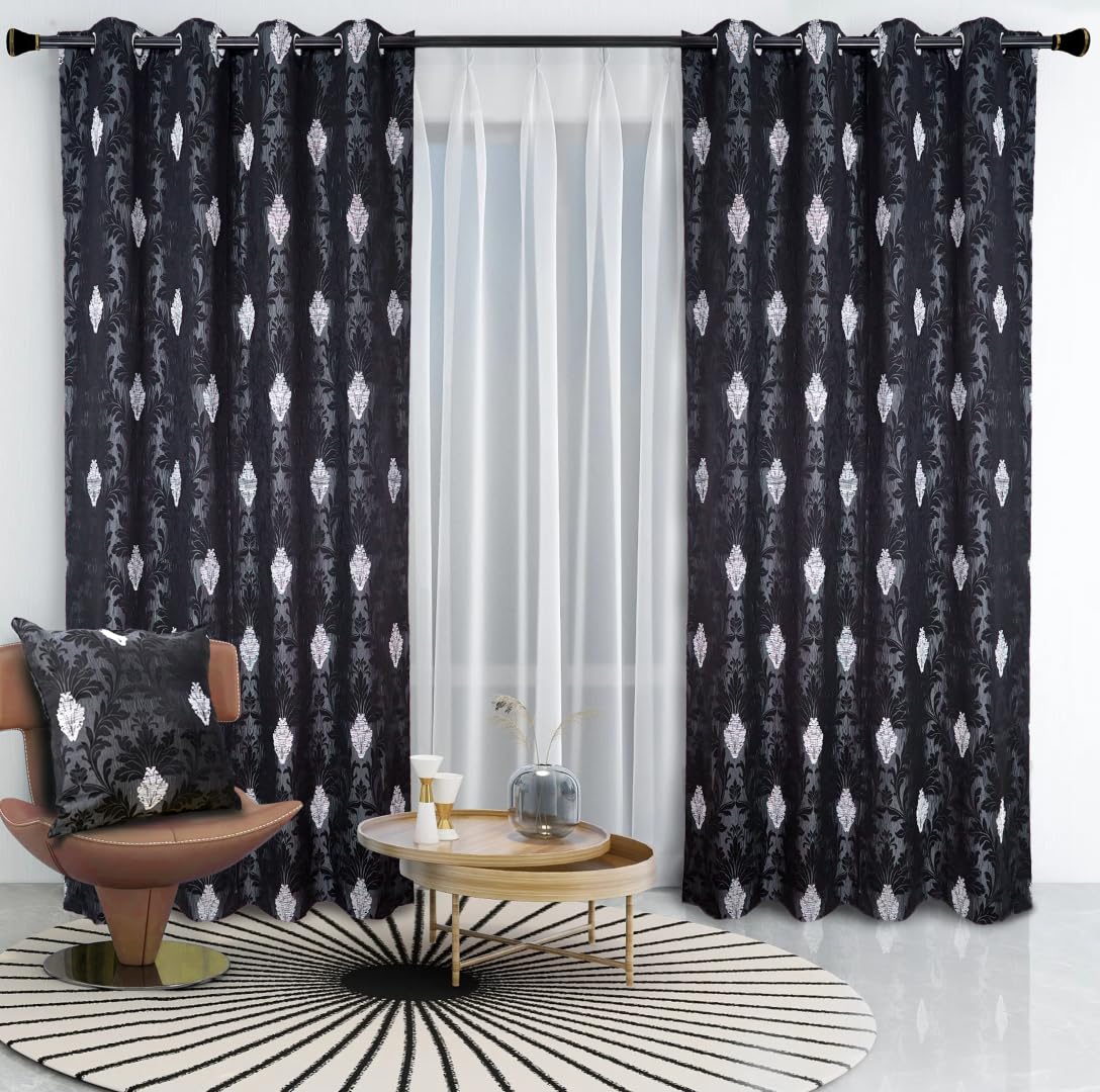 Black Jacquard Eyelet Curtains 90 x 90 Inch - Luxury Fully Lined Ring Top Curtains For Bedroom and Living Room - Decorative Richmond Curtain Set Of 2 Panels With Tie Backs
