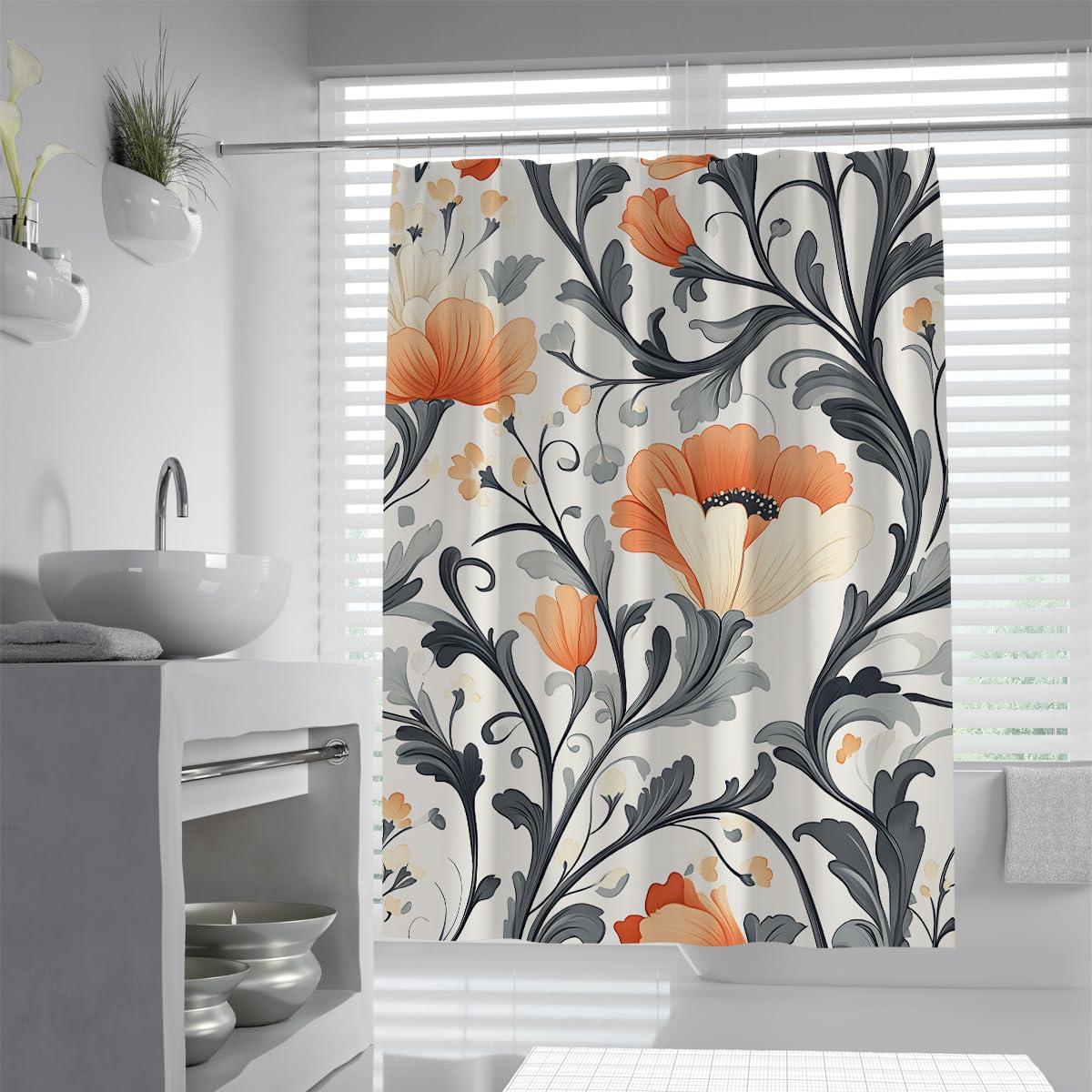 OLLIAR Home Vintage Peony Floral Shower Curtain Washable Polyester Fabric Bathroom Decor Classic Art Aesthetic Decor Shower Curtain Set with Hooks 180x180