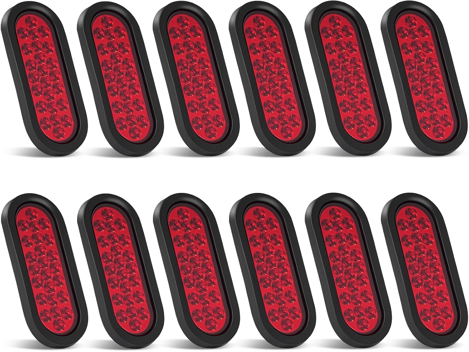 12Pcs 6 Inch Red 24 LED Tail Lights Oval LED Trailer Tail Lights for RV Truck Bus Boats 6" Oval LED Stop Turn Tail Lights w/ 3-prong Plug & Flush Mount Grommets Sealed 12V Waterproof