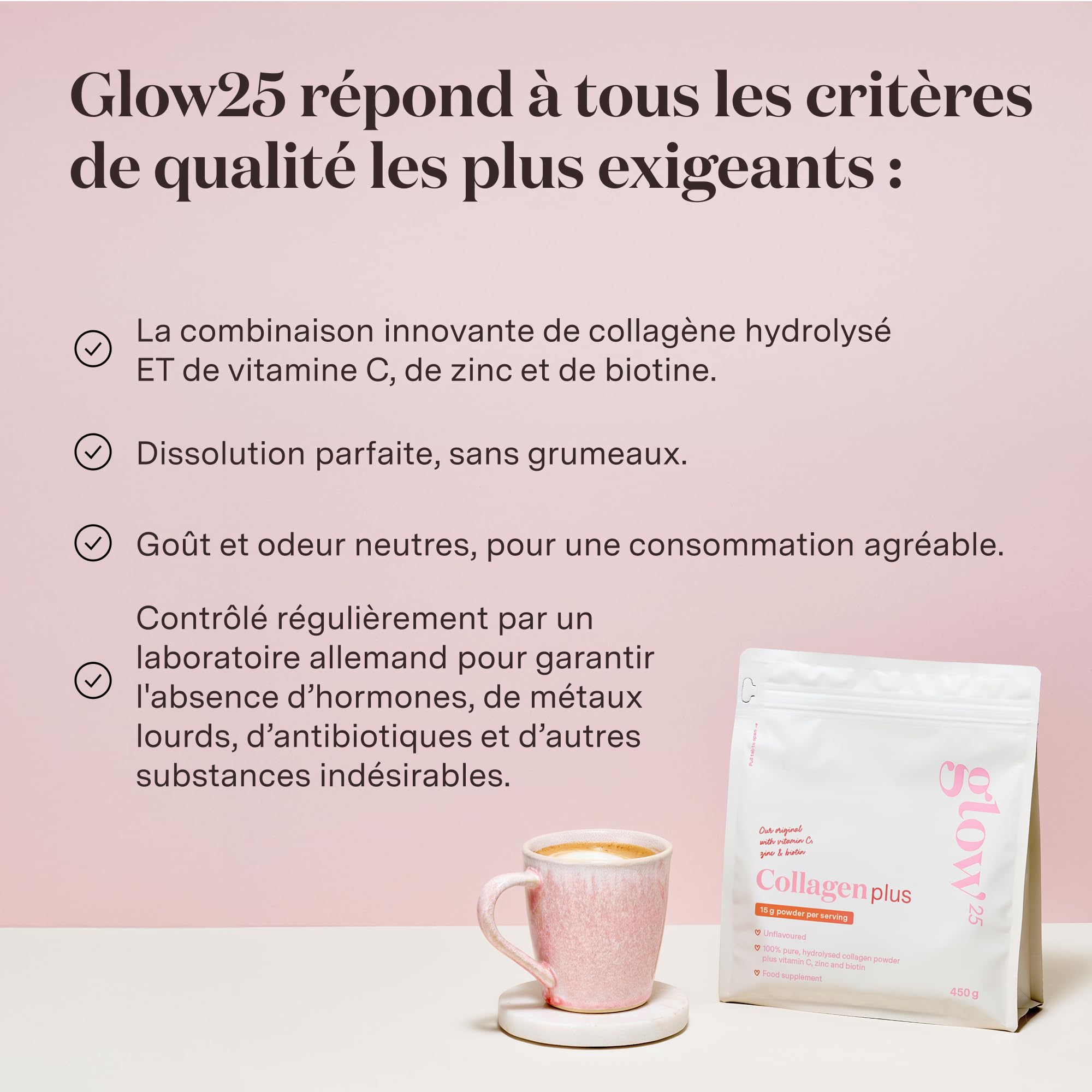 Glow25® Collagène Plus 450g Complément Alimentaire Vitamine C Zinc Biotine Hydrolysat de Collagène Premium Peptides Type 1 et 3