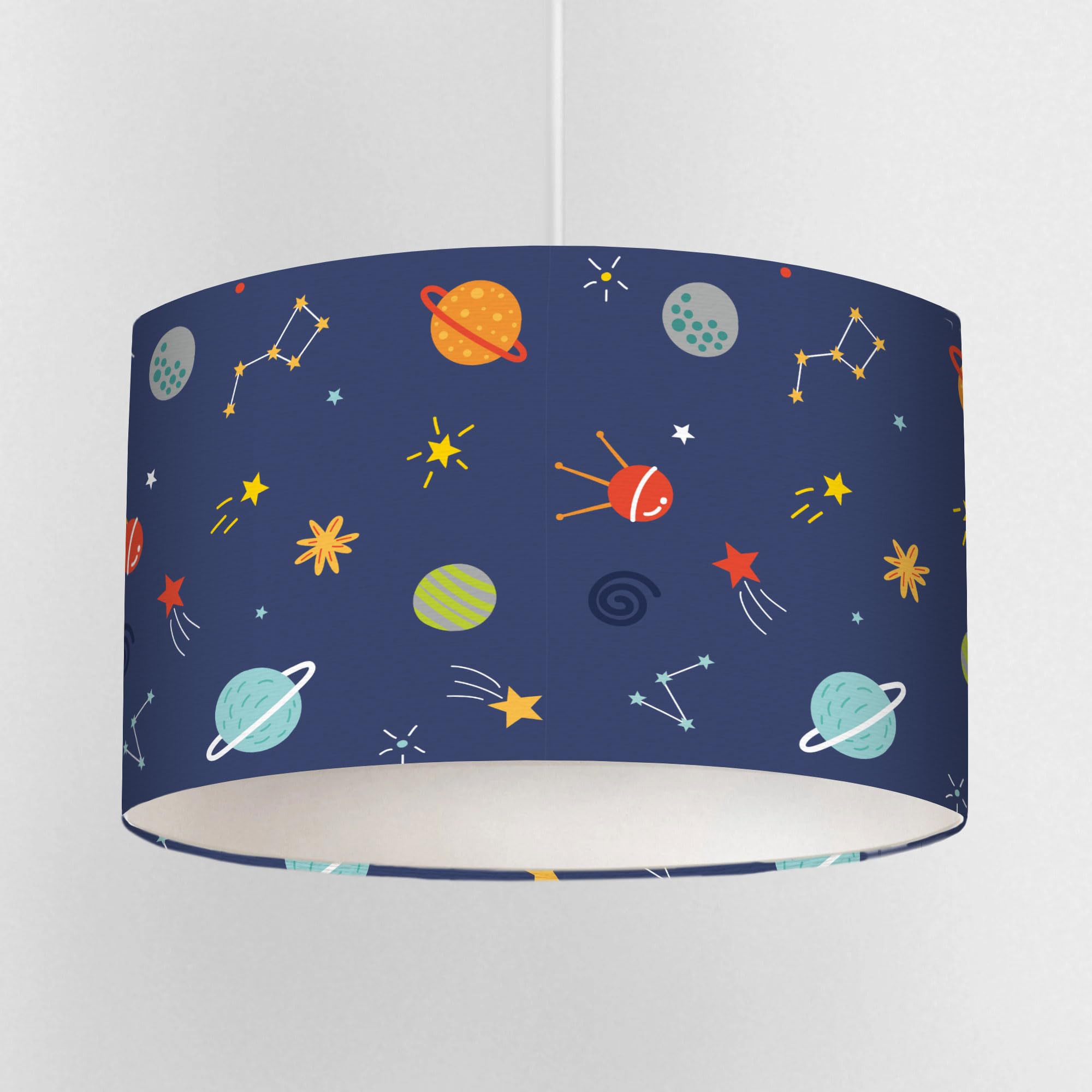 Multicoloured Space Lampshade – Rocket and Planet Design for Kids – 20cm, 30cm or 40cm Drum – Ceiling Pendant or Lamp Base – Children's Bedroom or Nursery Light Shade