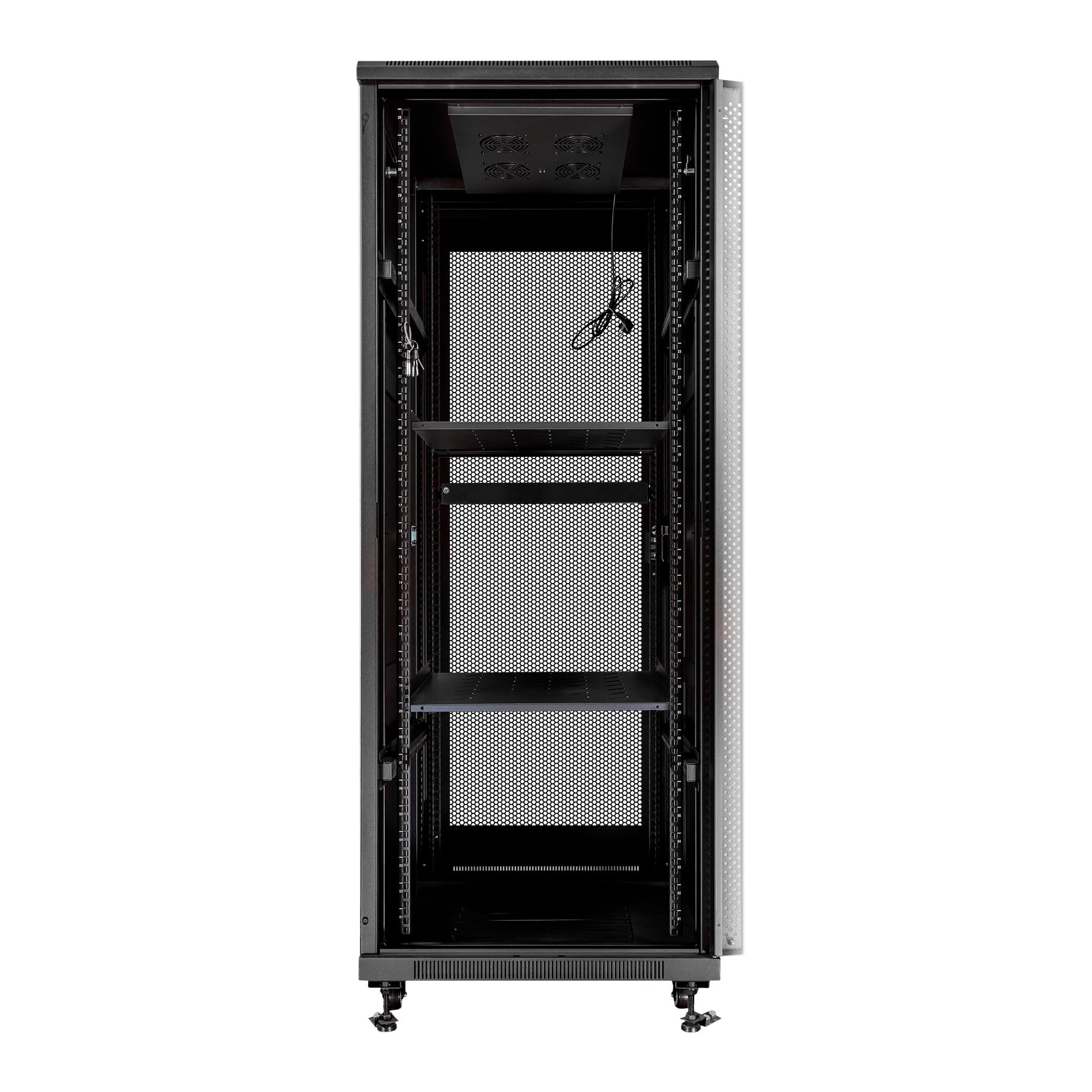 Aiten Data Armario Rack Suelo 19" 37U 600 x 600 x 1840 mm Montado con Accesorios: 2 Bandejas Fijas, 4 Ventiladores 120 mm, 1 PDU con 8 Puertos de 1U, Patas, Ruedas y Llaves