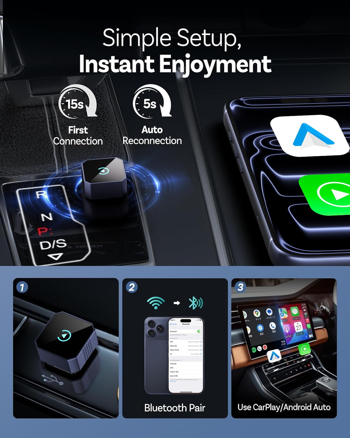 2026 Wireless CarPlay for iPhone, 2-in-1 Plug and Play Converts Wired to Wireless CarPlay Android Auto, Fast Auto-Connect, Zero Latency, Car Multichannel Amplifiers — view 3