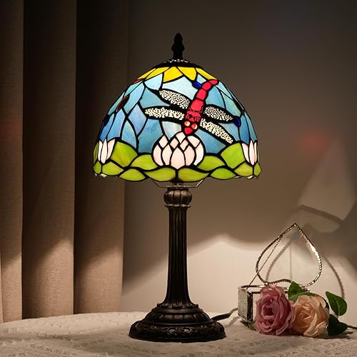 Miniatura 9 de Lámpara de mesa estilo Tiffany con flores de loto y libélula para sala de estar, dormitorio, decoración de mesita de noche, azul, pequeña, luz de