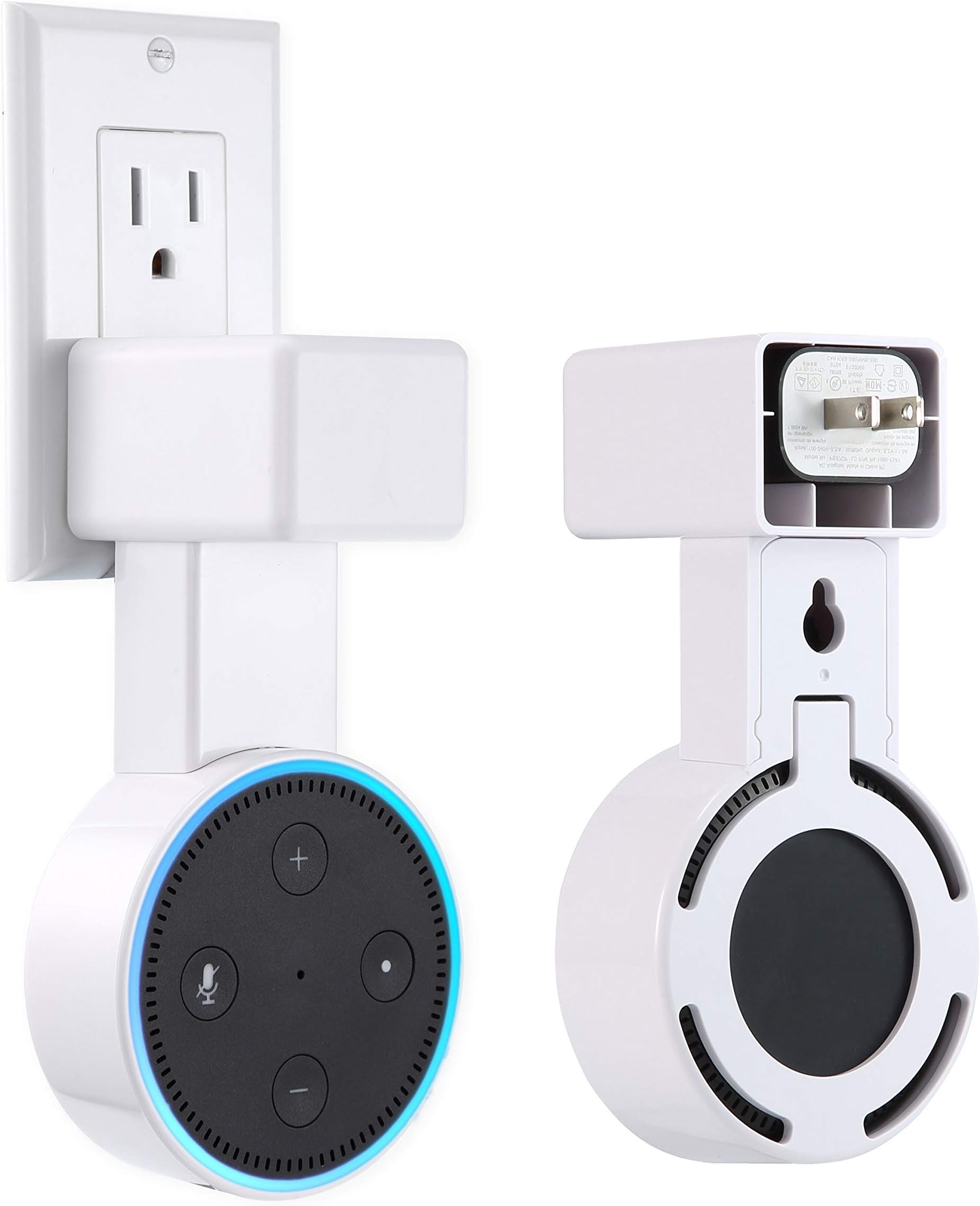 Feiyen Outlet Wall Mount Hanger Stand for Dot 2nd Generation Without Mess Wires Or Screws, Space-Saving Holder Case Plug Mounting Bracket in Kitchens, Bathroom and Bedroom (White 2018)