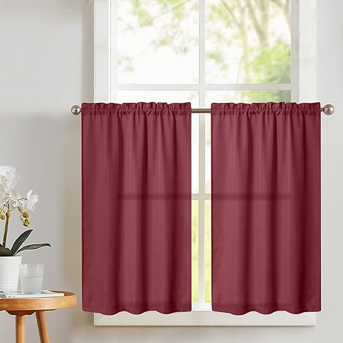 Vangao Cortinas rojas de cocina de 45 pulgadas de largo, cortina de café texturizada, cortina semitransparente corta para baño, dormitorio, cortinas