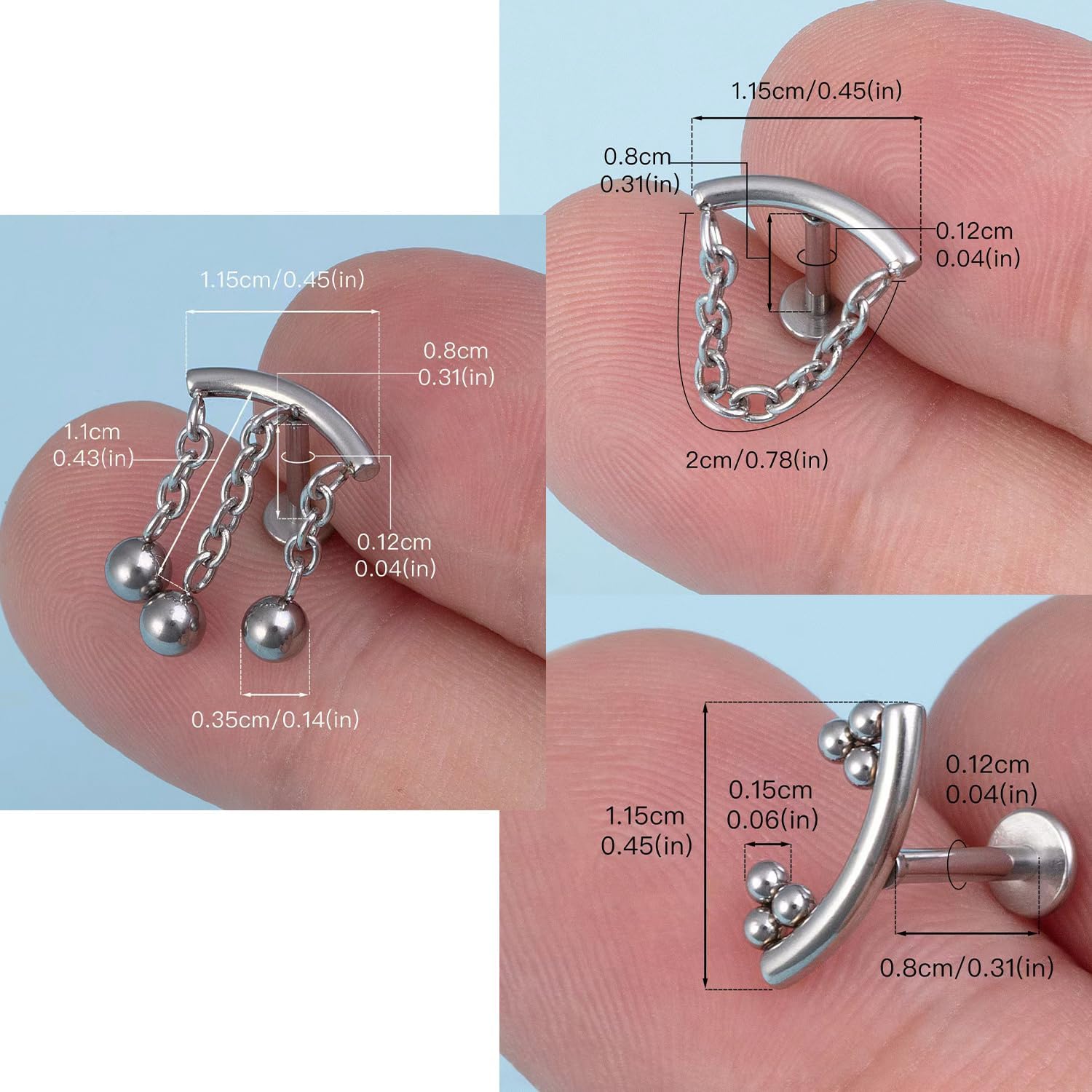 VERAMI 3Pcs 16G Cartilage Earring Stud 316L Labret Jewelry with Chain Dangle Drop Stainless Steel Lip Tragus Earring Internally Threaded Conch Studs Helix Medusa Monroe Earrings Flatback Studs for Women - Image 2