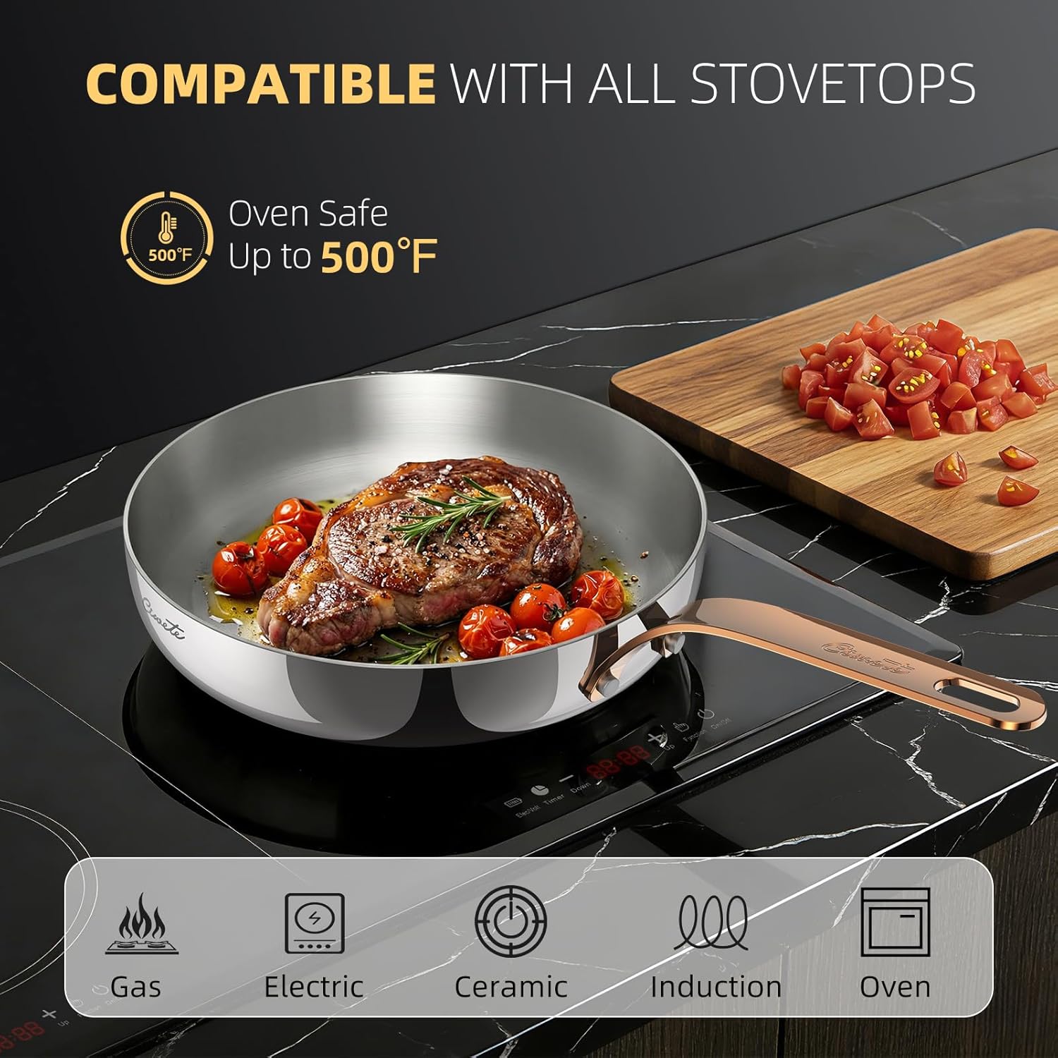 9.5 Inch Frying Pan, Upgraded Tri-Ply Stainless Steel Skillet, Stay-Cool Brass Handle, Polished Stainless Steel Pan for Easy Clean, Oven and Dishwasher Safe, Induction & All Stove Compatible