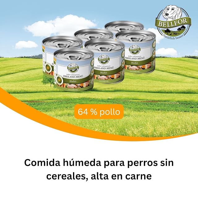 Bellfor Freiland-Menü - Comida húmeda para Perros sin Cereales con Pollo - 64% de Carne - Sin azúcar añadido