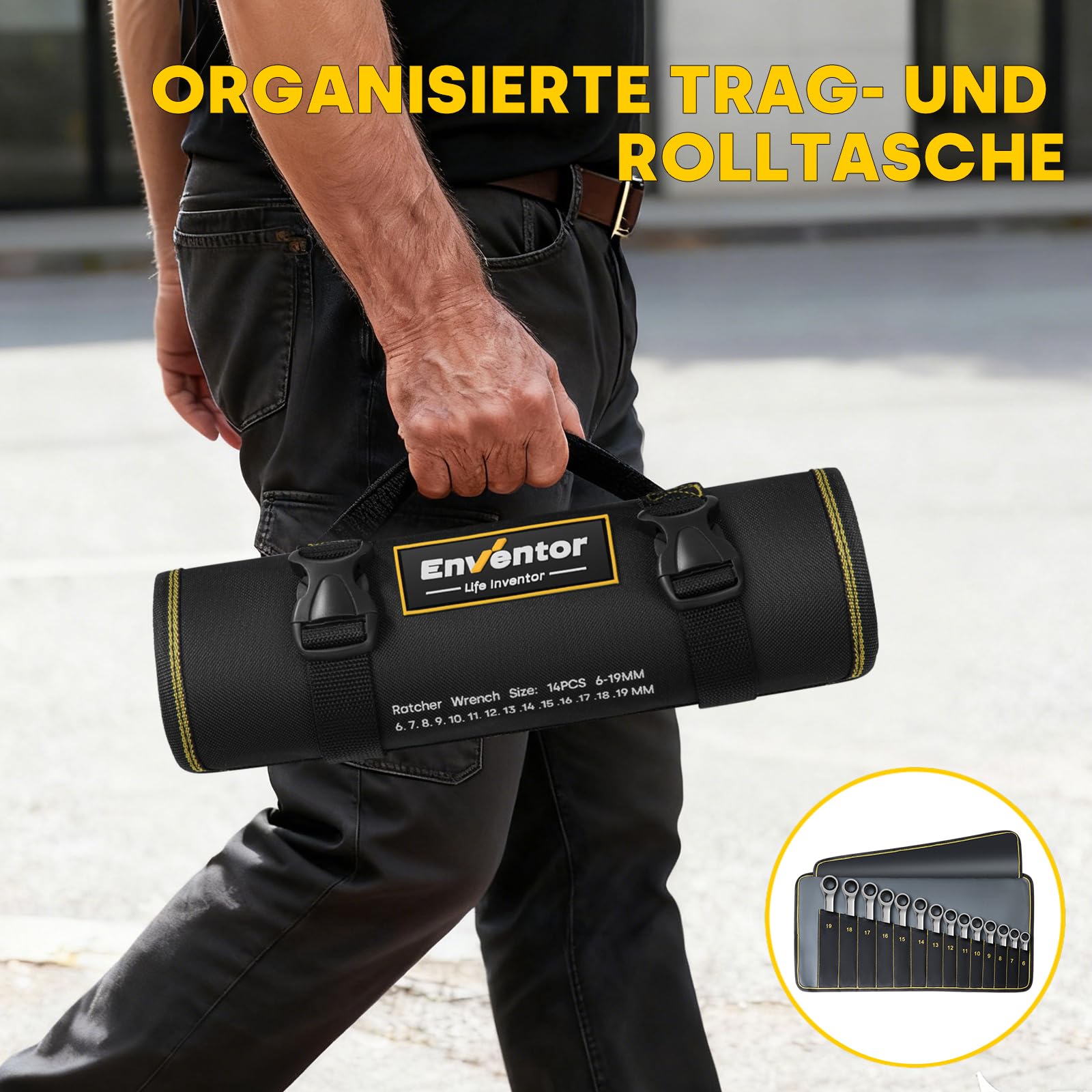 Enventor 14-Tlg Ratschenschlüssel Set, 90 Zähne,5° Schwenkradius–metrisch, 6mm bis 19mm, Ratschen-Kombinationsschlüsselsatz mit Tragetasche, Chrom-Vanadium-Stahl, Schwarz vernickelt