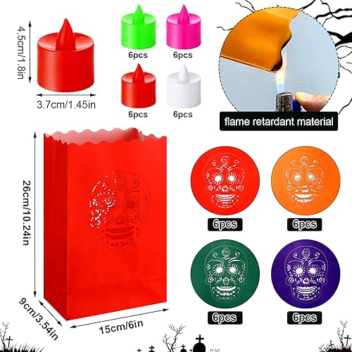 Miniatura 2 de Juego de 32 bolsas luminarias del Día de los Muertos con 32 velas LED sin llama, Día de los Muertos, bolsas luminarias mexicanas de Halloween,