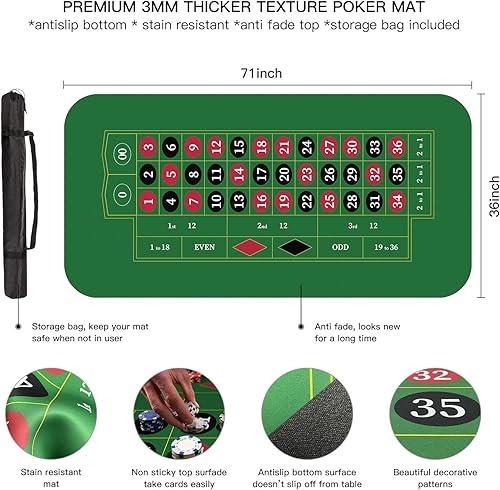 Miniatura 4 de YUZPKRSI Tapete de casino de ruleta de 70 x 35 pulgadas, tapete de póquer enrollable para mesa con bolsa de transporte, diseño de tapete de mesa de