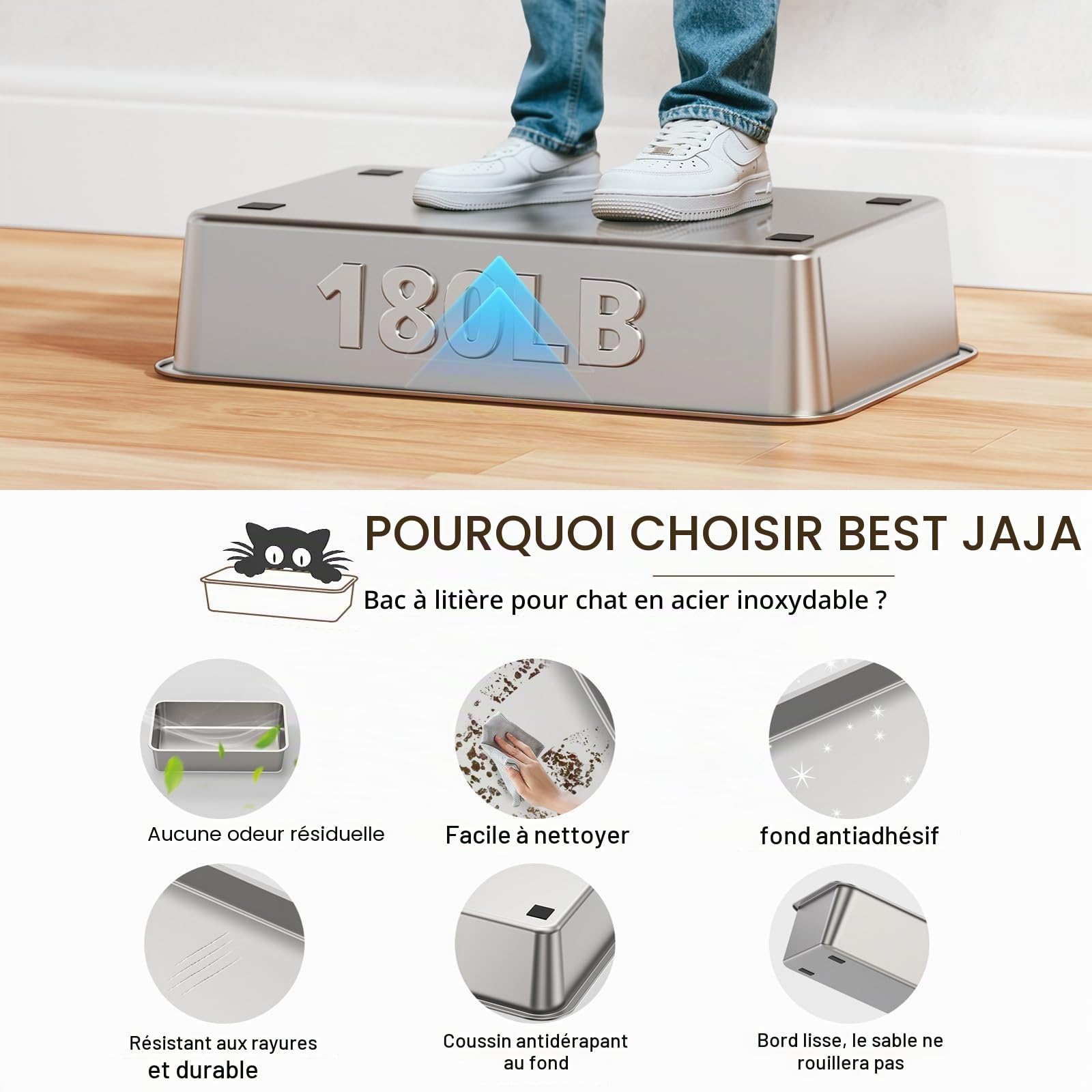 Bac à litière en Acier Inoxydable, métal SUS304, Couvercle Rabattable Amovible et Conception fermée à Bords Hauts, Toilettes pour Chat XXL | Contrôle des odeurs | Anti-fuites | avec Pelle, pédale