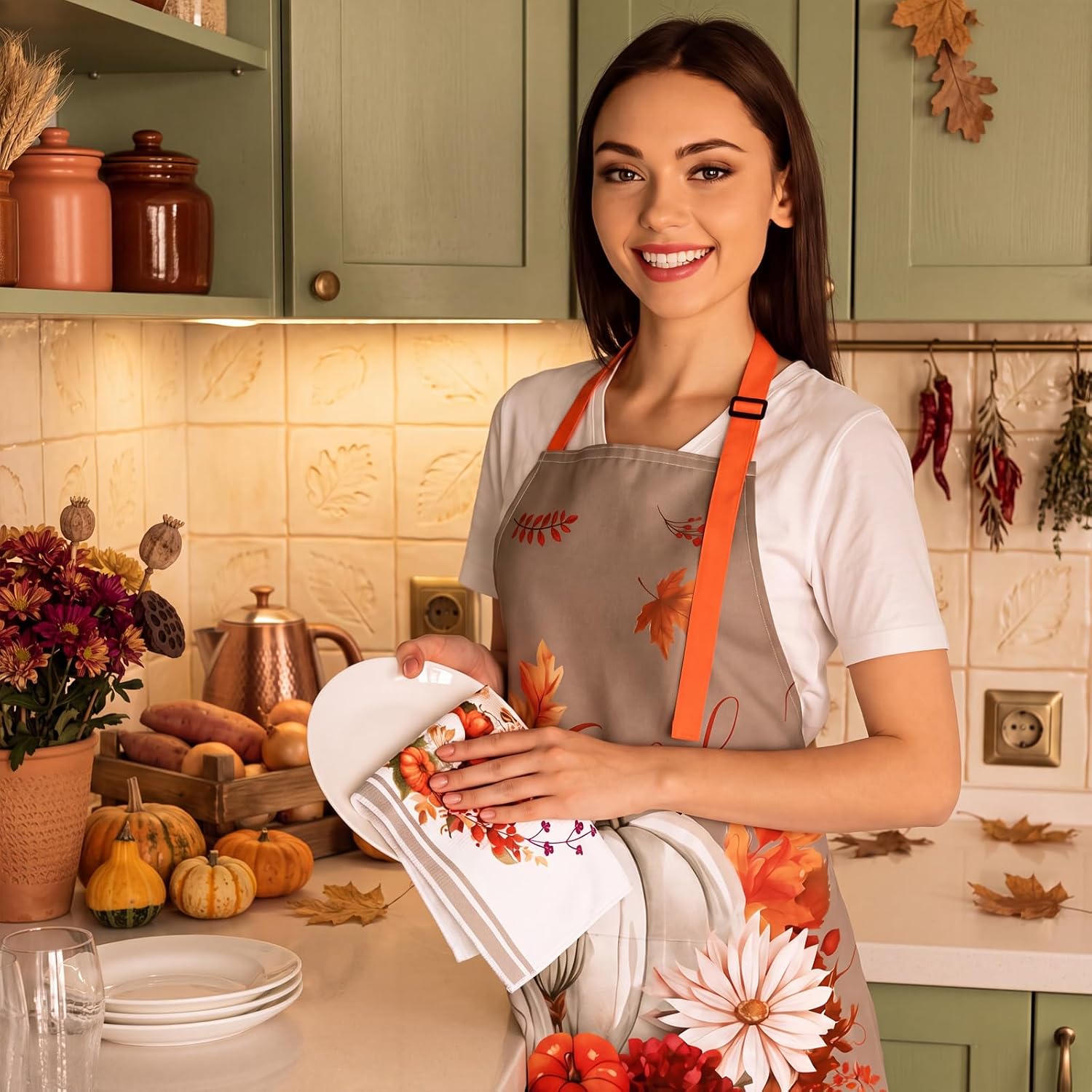 Fourluoo 12 Pcs Fall Kitchen Decor Set White Pumpkin Apron Rugs