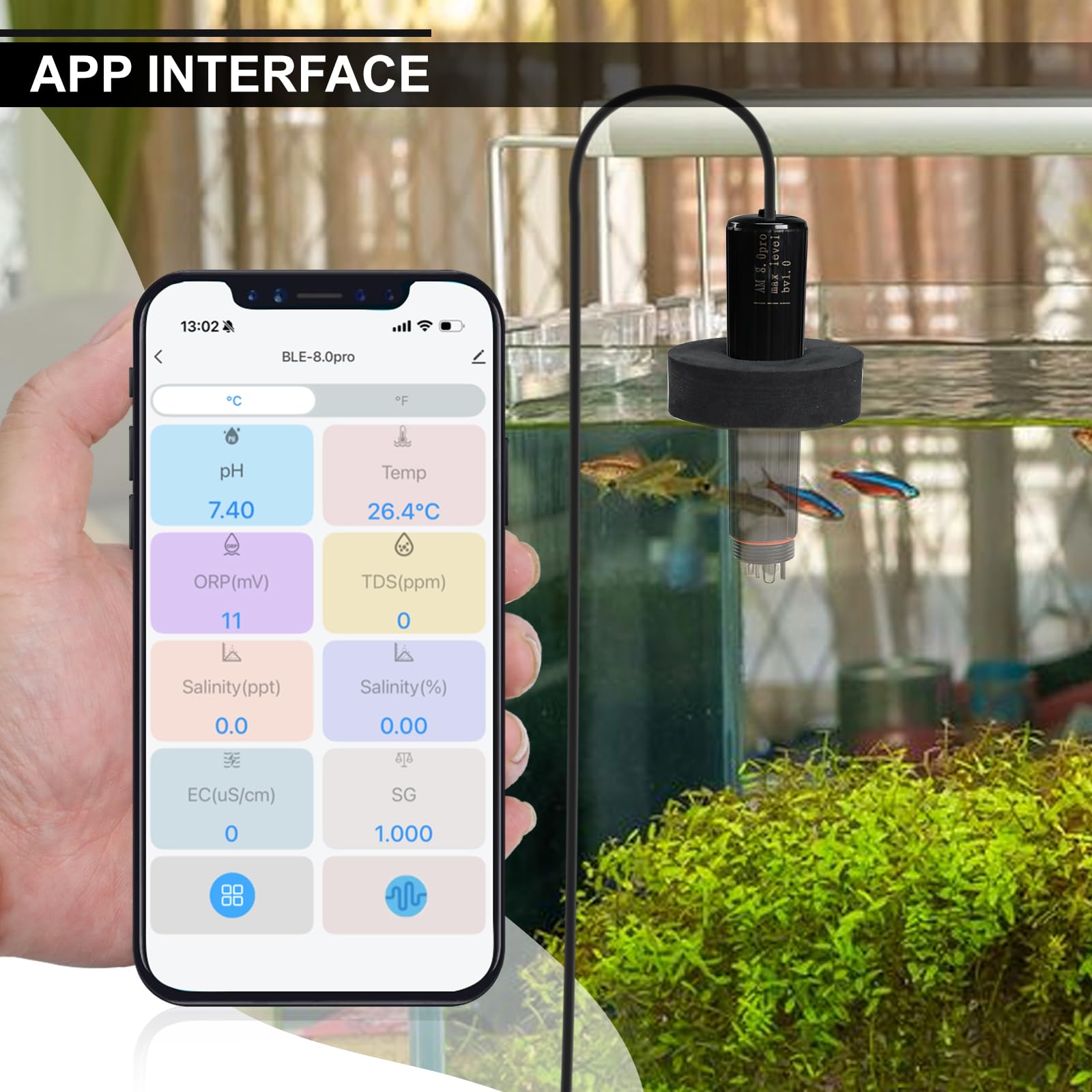 Testeur de qualité de l'eau WiFi 7 en 1 Smart Water Quality Monitor Sonde PH/ORP/TDS/EC/Salinité/SG/Temp pour Aquarium, Hydroponie, Aquaculture, Surveillance des données via App