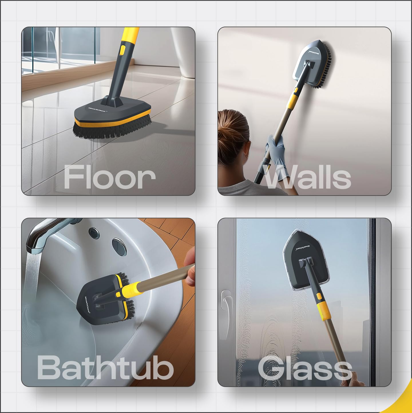 MinuteToCleanIt 4-in-1 Cleaning Set | Long Handle Flexible Duster, Bristles, Microfiber & Scrubber for Tiles, Bathroom, Windows – 58.2” Extendable Pole, Detachable Heads, Yellow 2