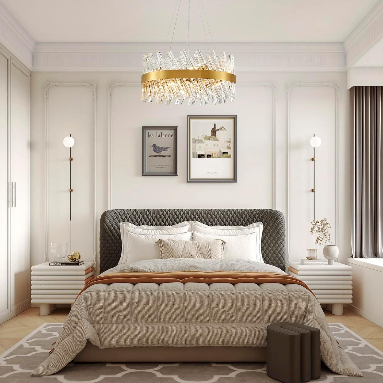 Saint Mossi 19.5” Dimmable Modern LED Chandeliers for Dining Room, 8-Light Hanging Pendant Lighting Fixture for Living Room, Kitchen Island, Clear Glass Tube with Gold Frame, D19xW19xH19