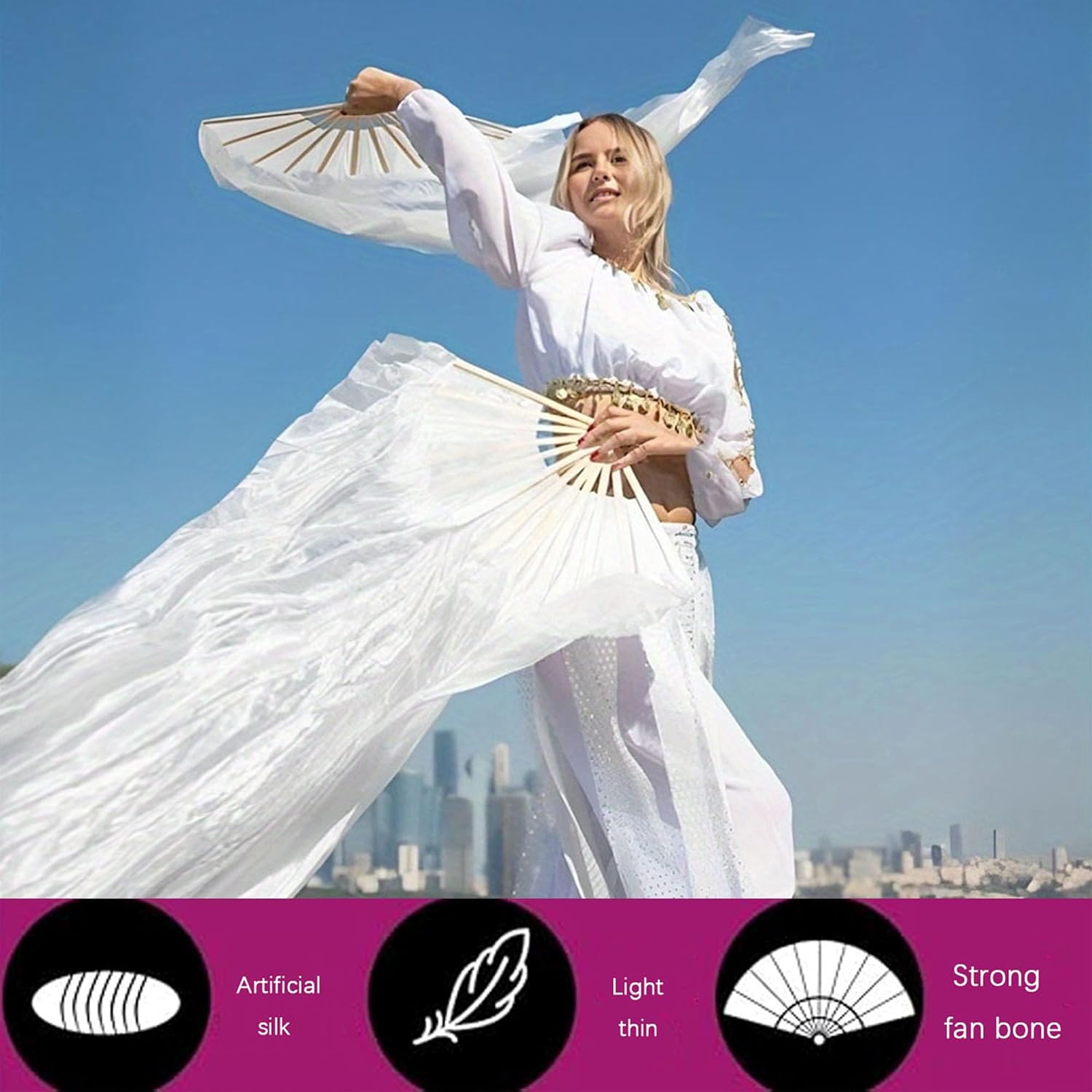 4 Pairs Faux Silk Belly Dance Bamboo Fans - Multi-Gradient 150cm Foldable Dance Props, Lightweight Handmade Left/Right Design for Halloween/Competition/Stage
