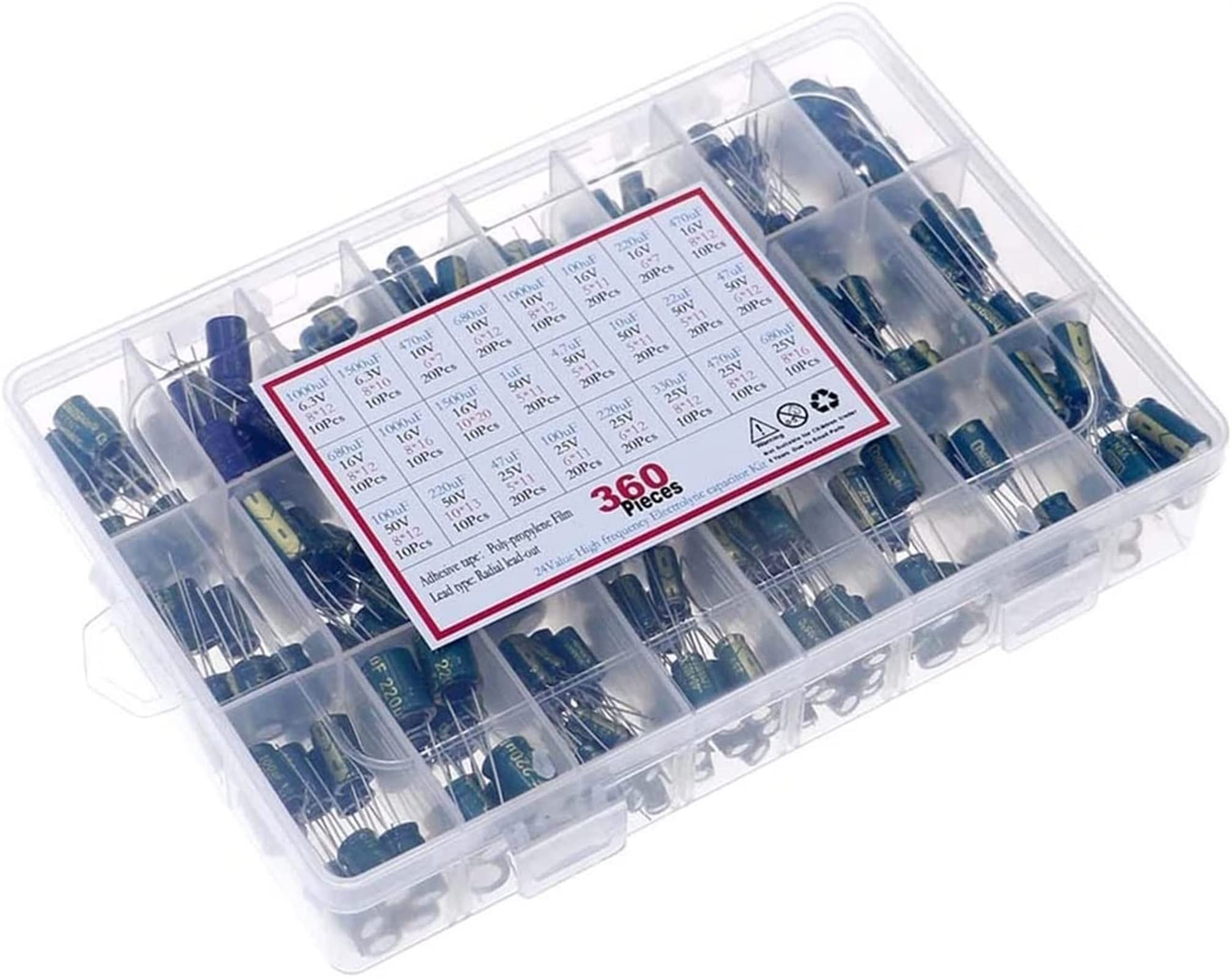Accesorios electrónicos Kit de condensadores 360 unids/caja 24 valores conjunto de condensadores electrolíticos de alta frecuencia 1UF-1500UF condensadores de aluminio 6,3 V-50V condensadores ESR bajo