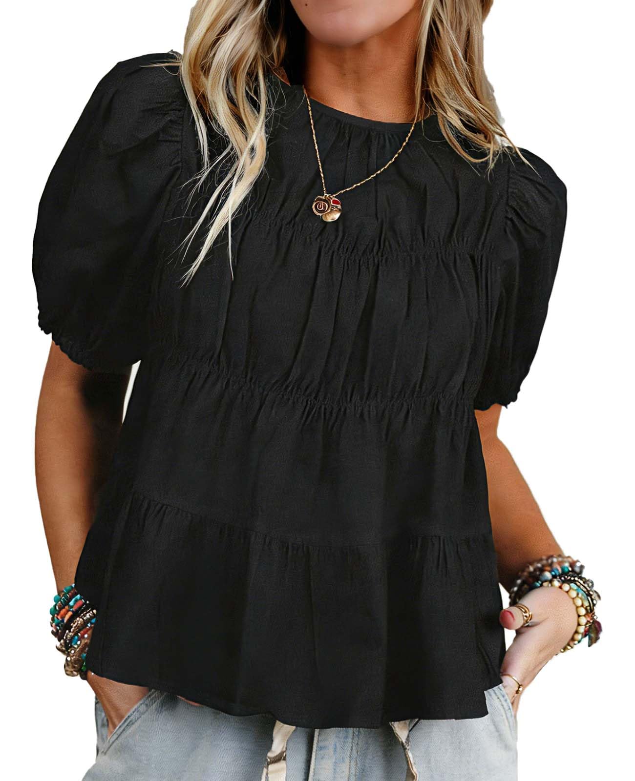 TZLDN Chemisier bohème à manches courtes bouffantes Peplum Babydoll Top élégant haut à enfiler pour le quotidien, les voyages, les loisirs