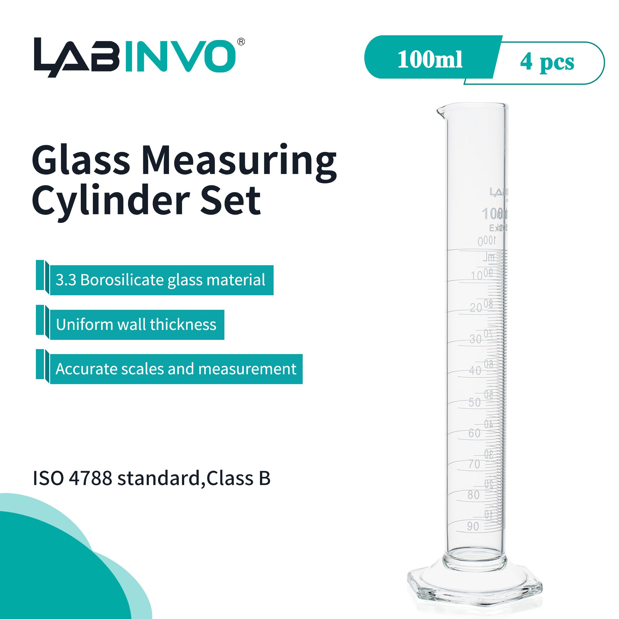 IN-MCG100 - Cilindro graduato, 100 ml, set di 4 cilindri graduati, in vetro borosilicato 3.3, classe B, IN-MCG100