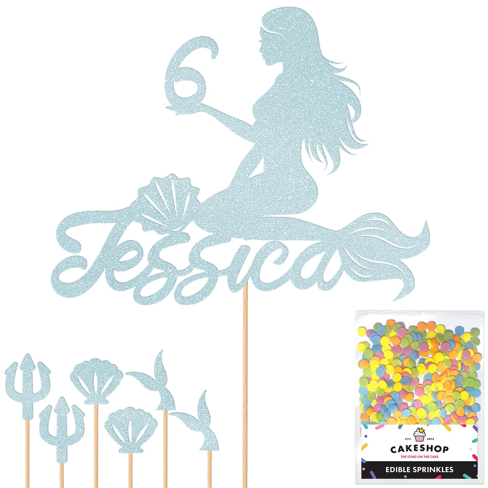 Personalised Birthday Mermaid Glitter Cake Topper- Light Blue Any Custom Age & Name Glitter Cake Decoration and Sprinkles - Happy Birthday Decorations - Personalised Toppers for Cakes by Cakeshop โ image 1