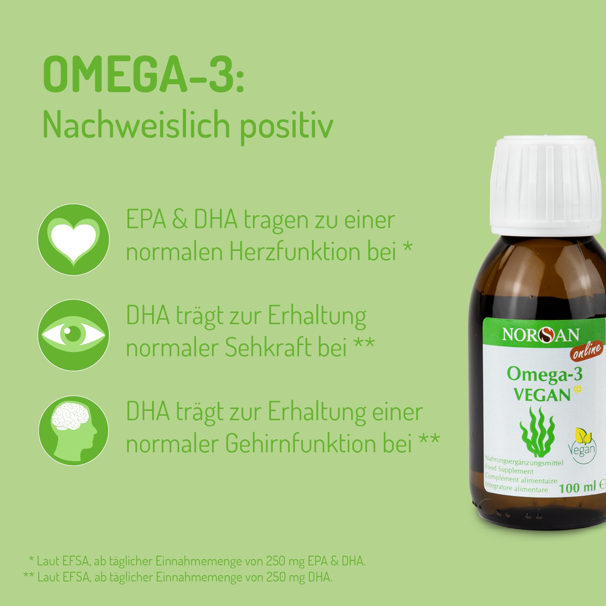 NORSAN Premium Omega-3 Vegan Öl hochdosiert 3 x 100ml - 2000 mg Omega-3 Tagesdosierung-Algenöl reich an EPA & DHA - 800 IE Vitamin D3