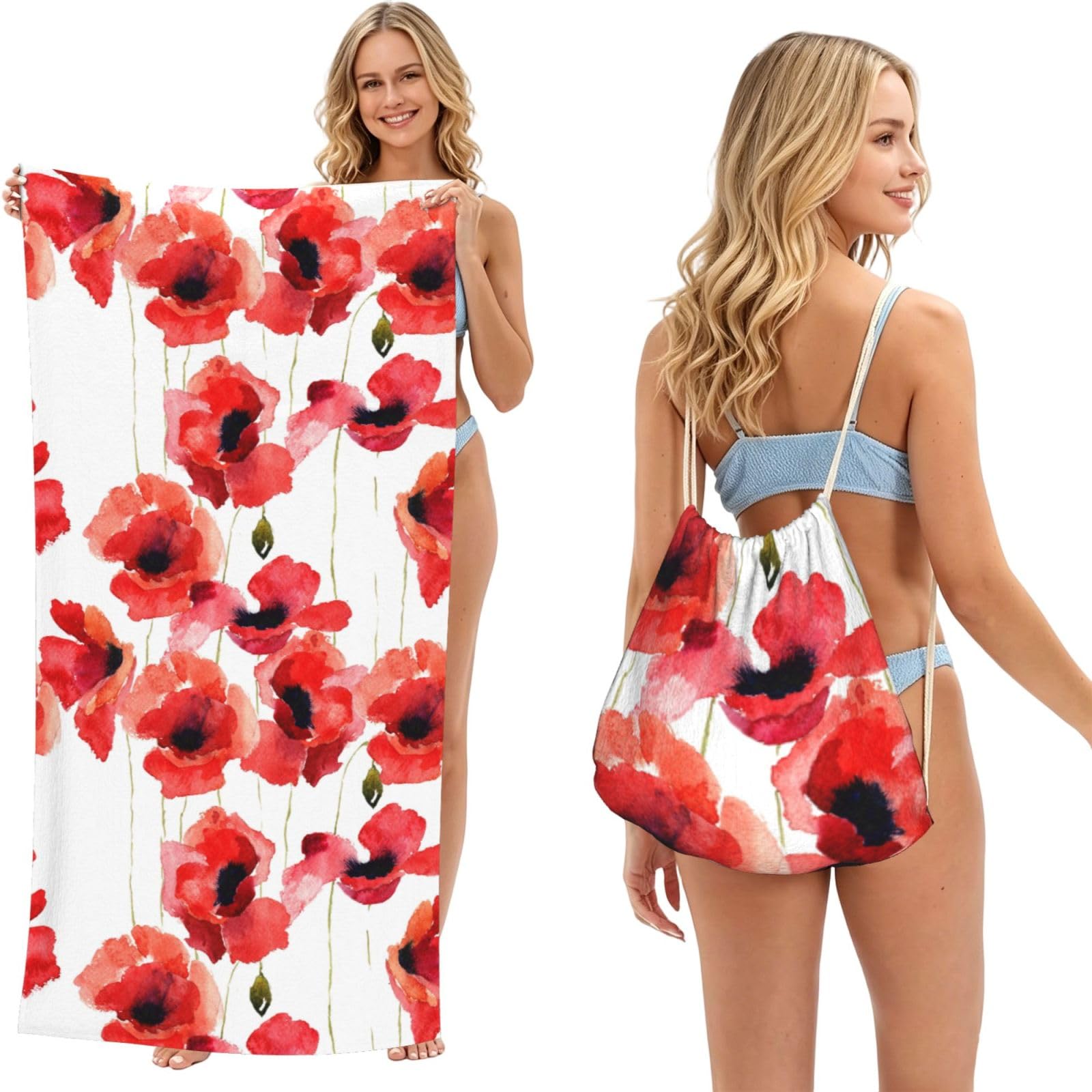 Poadnly As Picture Watercolor Poppies, 2 In 1 Packable Towel Bag, Beach Towels With Drawstring Backpack For Travel Holiday Camping