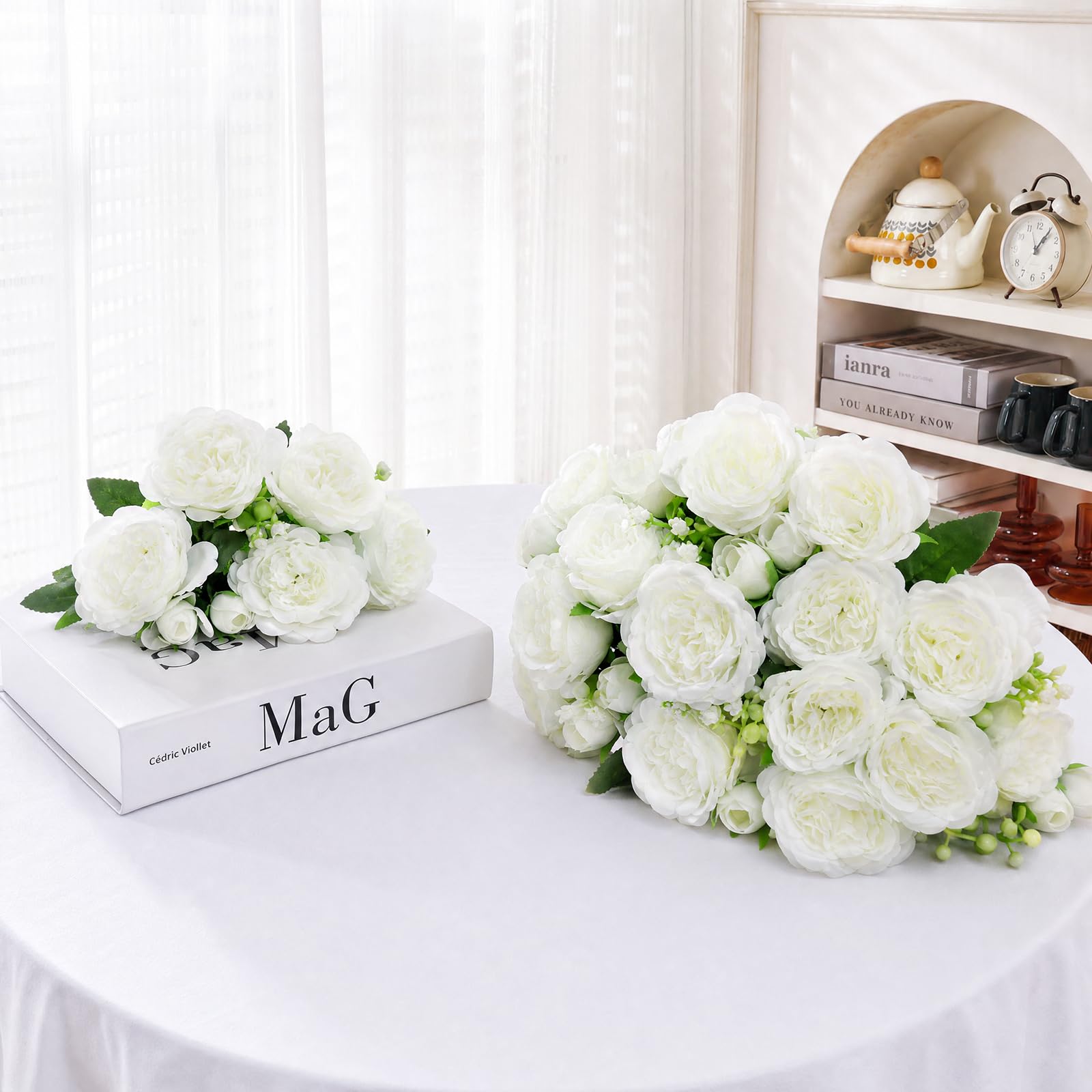 Pivoines artificielles blanches en soie : lot de 4 bouquets déco