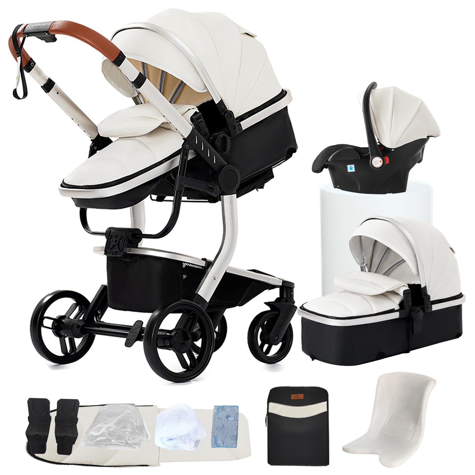 Veitoalioy Pelle PU Passeggino 3 in 1 Trio Neonati, Per Neonato 3 in 1 Passeggini, Carrozzino multifunzione, Passeggino Pieghevole (518 White)
