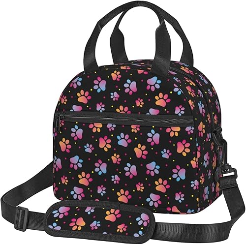 Bolsa de almuerzo con estampado de patas de perro, diseño de huellas de animales, reutilizable, aislada, bolsa de almuerzo con correa ajustable para