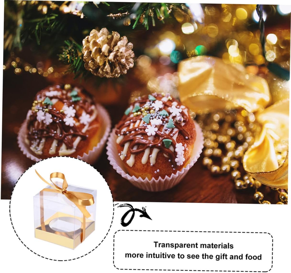 jojofuny Pvc Food Wrapping Cake Boxes with Gold Ribbon 9x9x9cm 24pcs Folding Dessert Storage Cases for Bakery Party Wedding