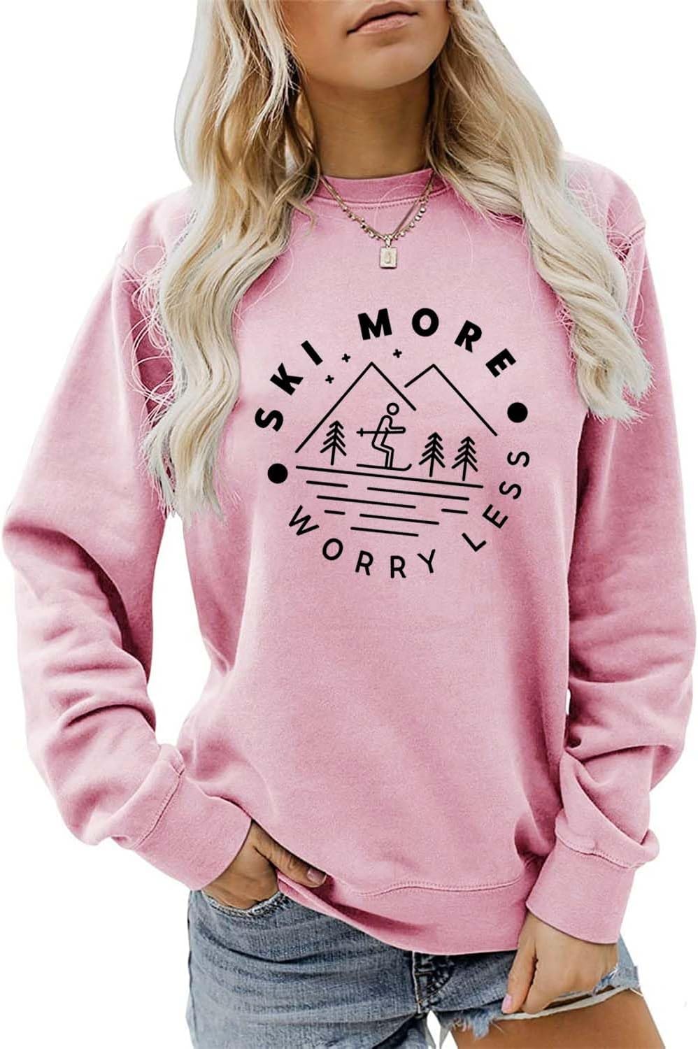 Ski More Worry Less Sweatshirt, Winter Sports Sweater Women Skiing Trip Shirt Crewneck Graphic Pullover Holiday Tops