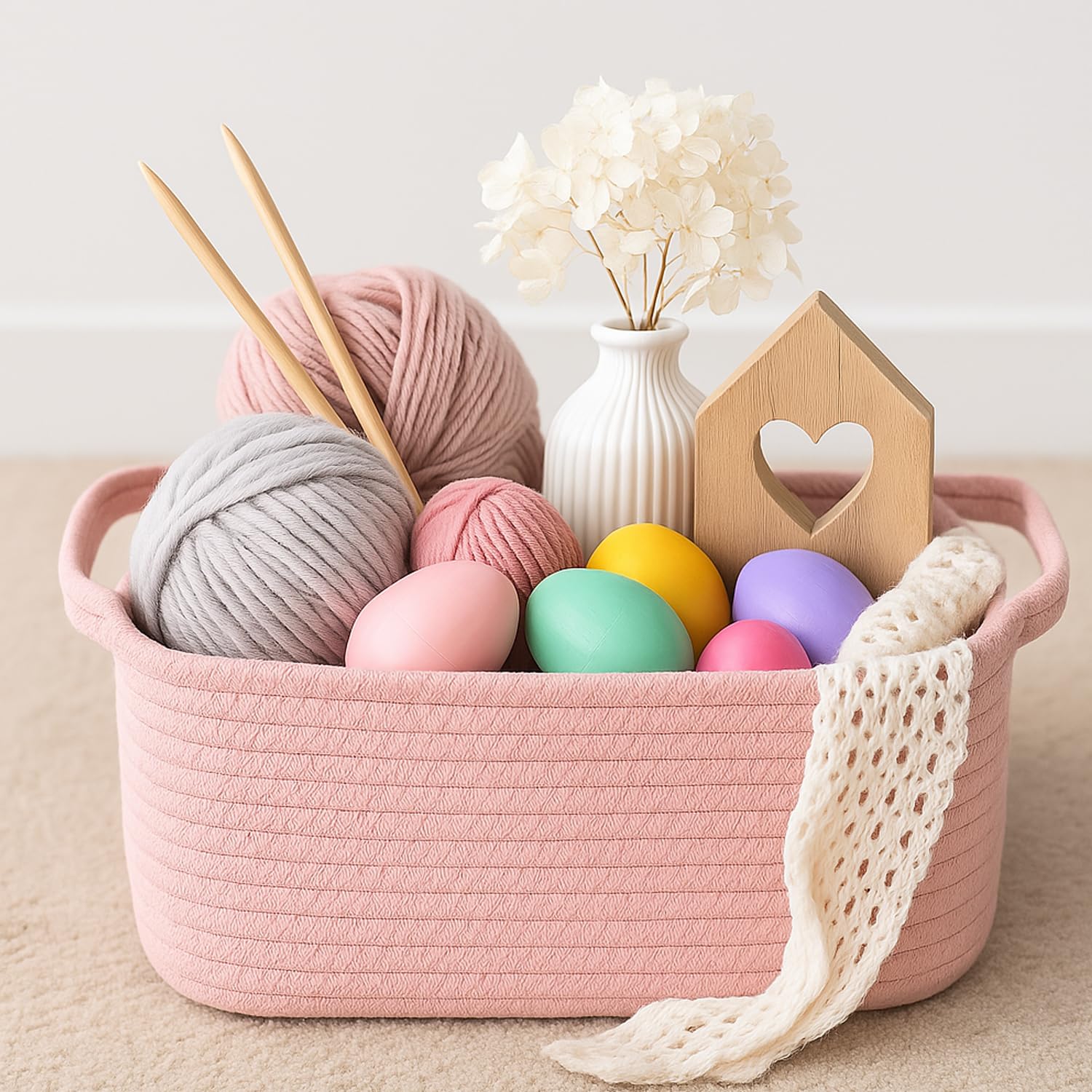 Cesta de regalo tejida rosa – Cestas organizadoras de cuerda de algodón de 15 x 10 x 5 pulgadas para artículos de bebé o juguetes para gatos y perros – Lindo contenedor de almacenamiento 4