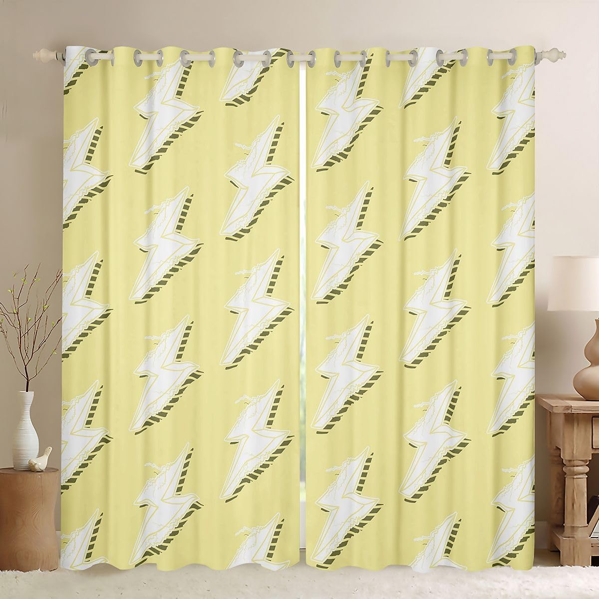 Manfei Lightning Window Curtains Yellow and White Window Drapes,Hand Drawn Doodle Lightning Bolt Window Treatments,Kids Boys Girls Room Decor,Grommet Top 2 Panel Set Bedroom Curtains, 46Wx54L inch