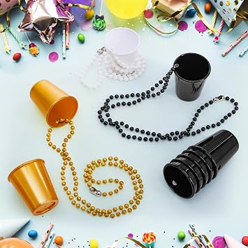 Cididu 36 Pack Shot Glass on Beaded Necklace, Disposable Mini Plastic Shot Cups Black Gold White, Bulk Party Shot Glasses for Bachelorette, Adult Party Favor for New Year Eve Graduation Mardi Gras