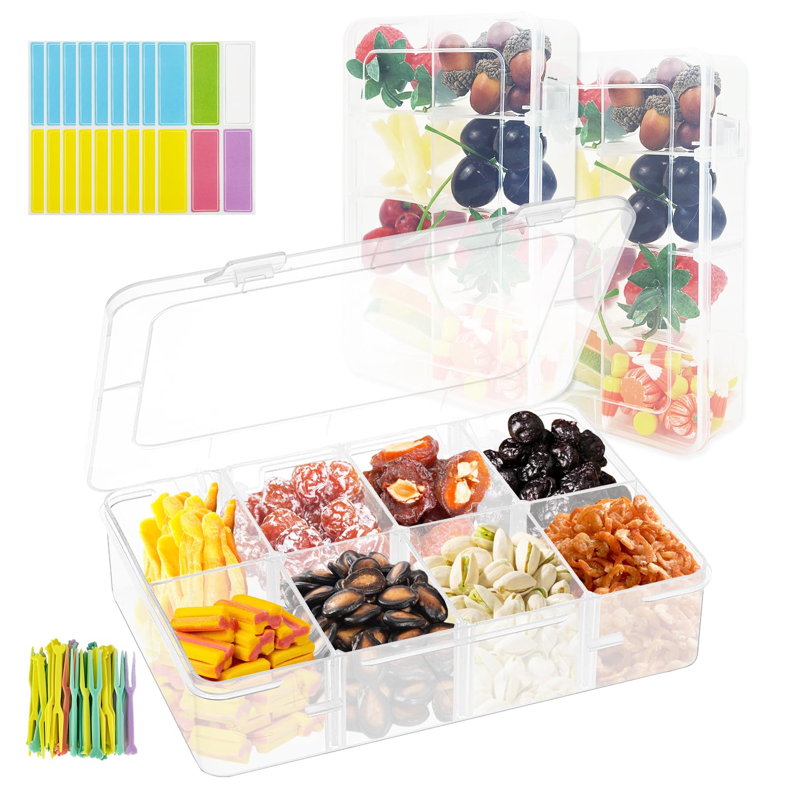 3 Pack Snack Box Container for Kids - Adjustable Divided Food Storage Containers with Tags & Forks, Portable Snack Platters for School, Travel, Picnics, Dishwasher Safe, BPA-Free, 8 Compartments