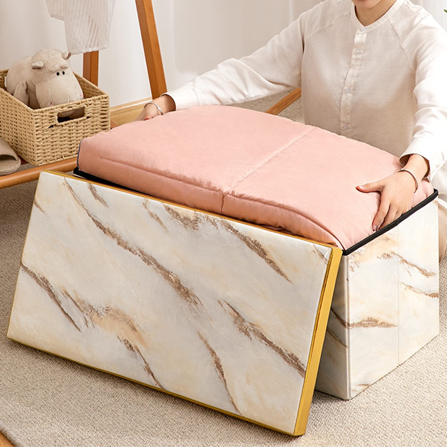 Foldable Long Storage Stool, Artificial Leather, Marble Pattern, Multi-Function Seat, Can Be Used in Living Room, Entrance, Bedroom and Modern Style Footstool