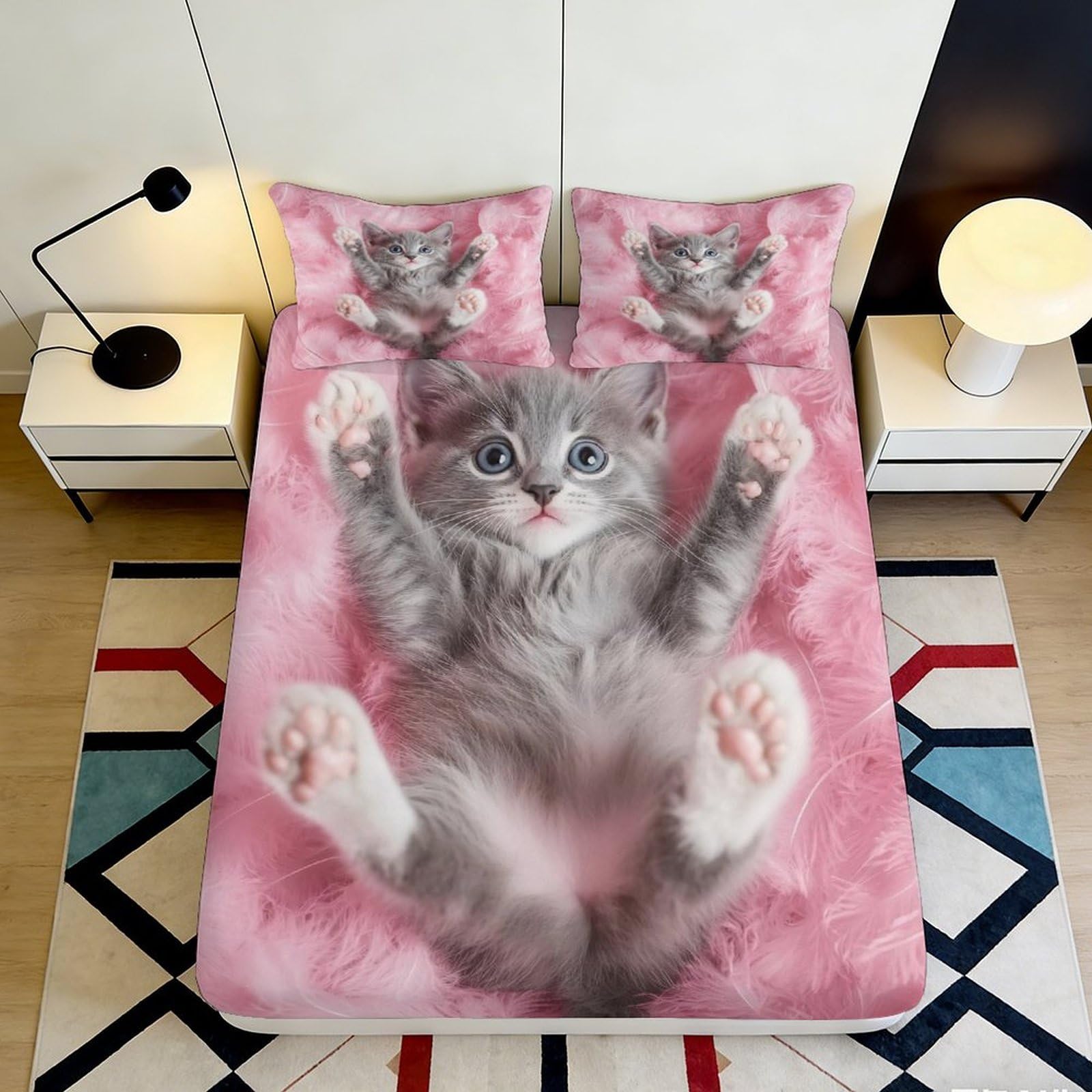 Pnayamiorkfel Style-2 3D Printed Cute Grey Cat Fitted Sheet Microfiber Pink Fluffy Kitten Bed Cover Bedroom Decor Anti-Slip Washable 90X200x25cm