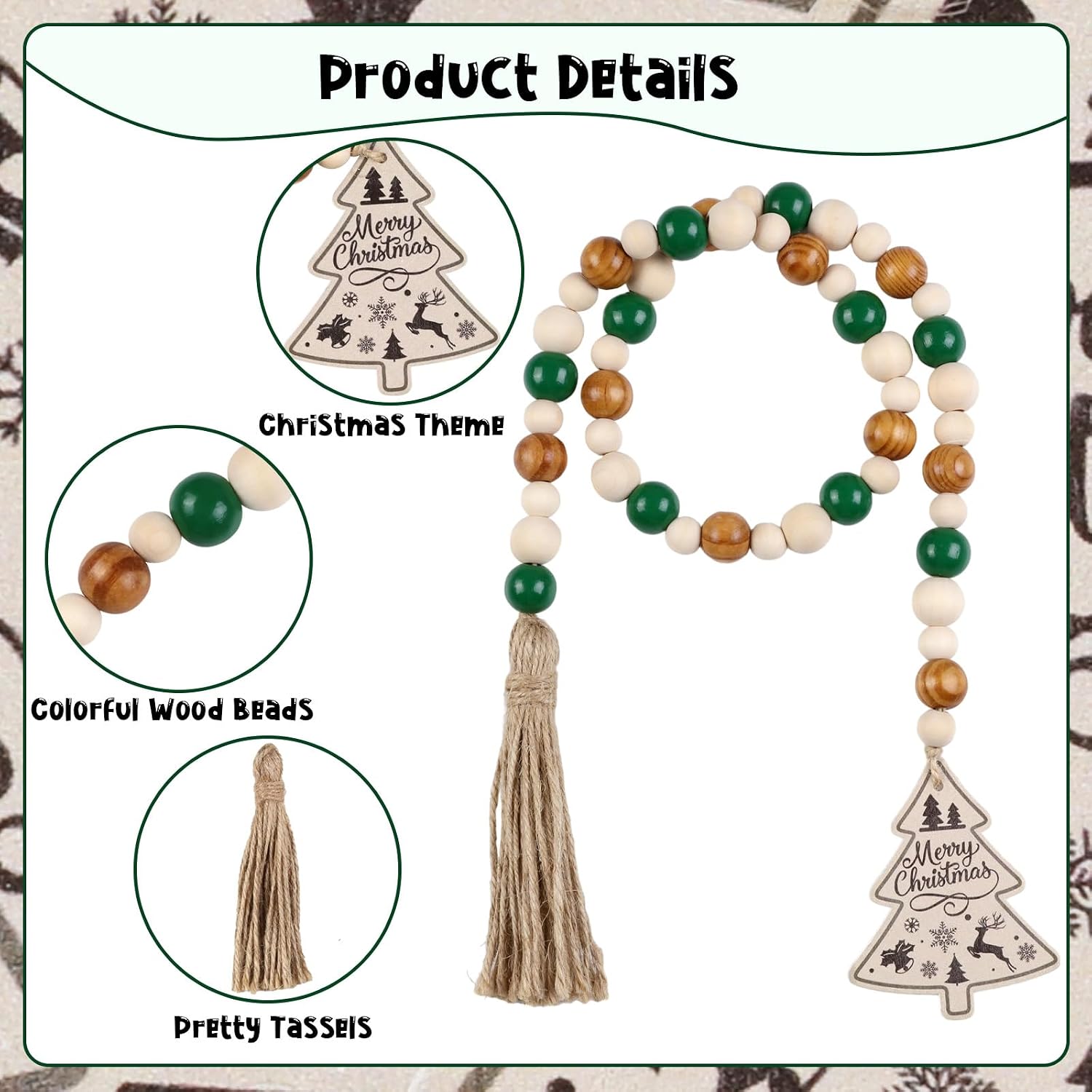 Sage Green Christmas Wood Bead Garland with Tassels, Natural Wooden Beads Strands for Xmas Winter Holiday New Year Party, Wall Tree Home Hanging Ornaments Decorations Supplies Outdoor Indoor