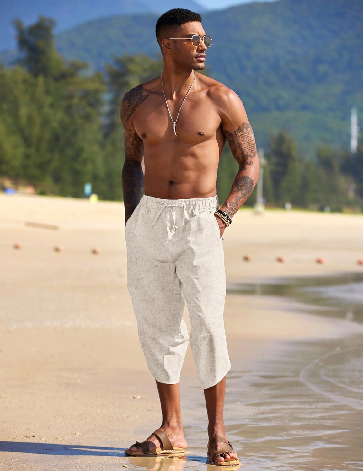 COOFANDY Men's Linen Harem Capri Pants Lightweight Loose 3/4 Shorts Drawstring Elastic Waist Casual Beach Boho Yoga Trousers
