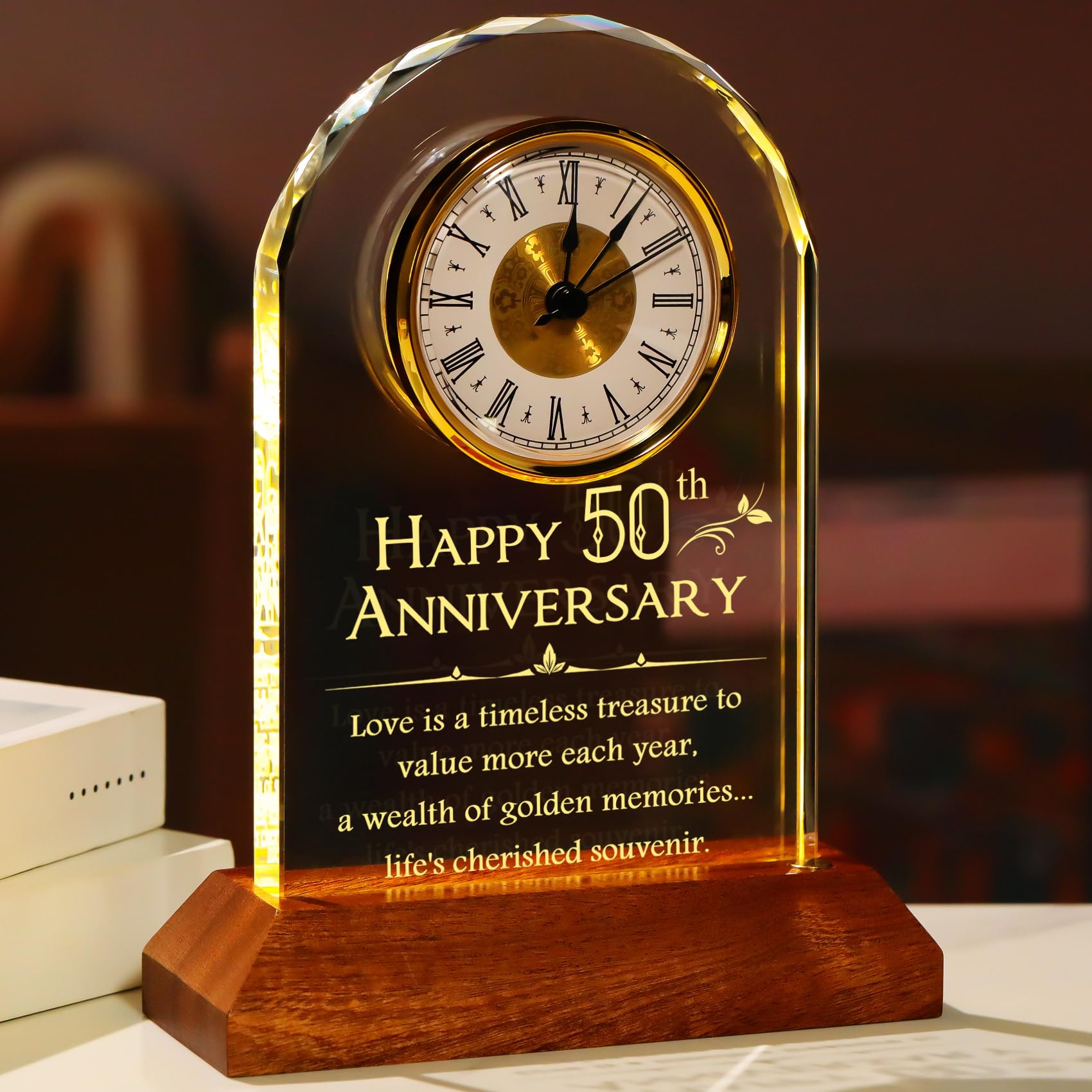 YWHL 50th Wedding Anniversary Clock Gifts for Parents Grandparents, 50 Years Anniversary Couple Gifts, Glass Table Clock Presents with Wooden Light Base for Home Decoration (Battery not Included)
