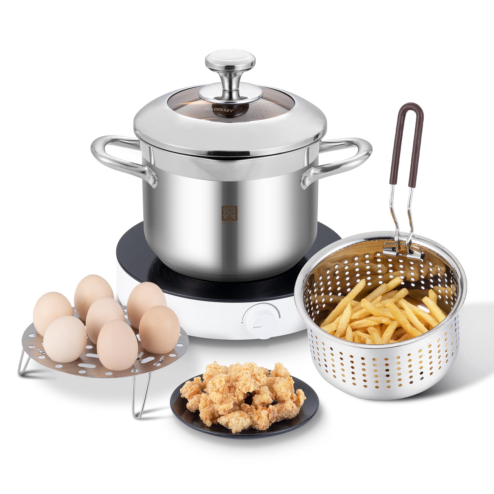 Edelstahl Frittiertopf 4L, Fritteuse mit Sieb und Deckel,Fritteusentopf Dampfgarer Mehrzweck-Kochtopf Zubereiten von Hähnchenflügeln Meeresfrüchten Pommes frites Calamares