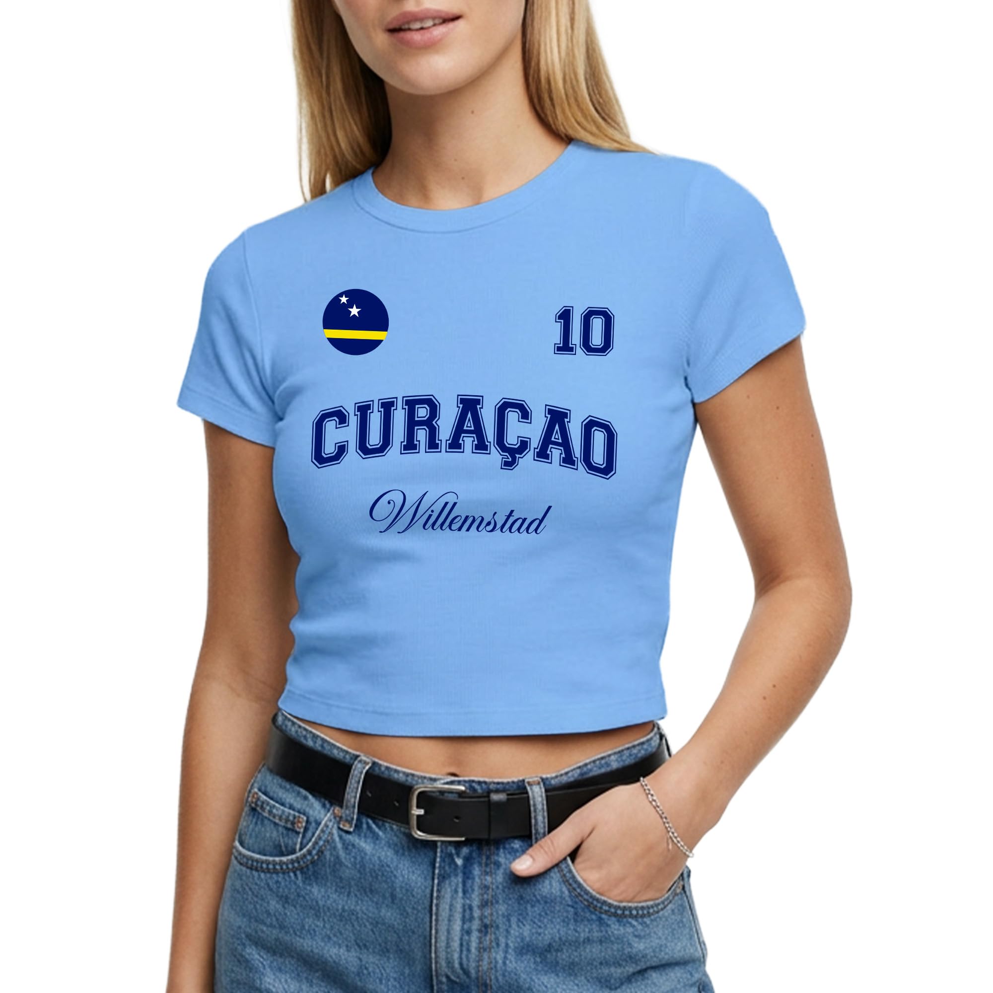 Womens Curacao Baby Tee - Custom City Name Number Badge Short Tshirt Top Supporter Fan Footie Top, S, Light Blue
