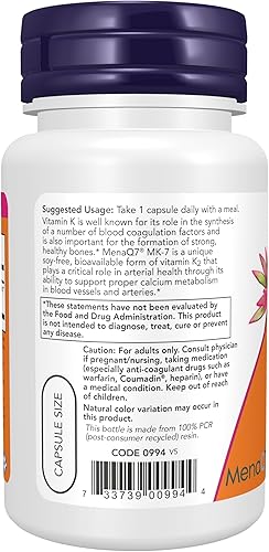 Miniatura 10 de NOW Suplementos, MK-7 Vitamina K-2 300 mcg, Apoyo Cardiovascular*, Apoya la Salud Ósea*, 120 Cápsulas Vegetales