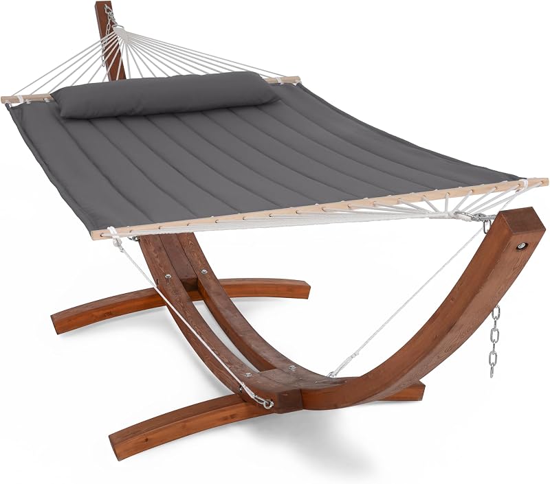 Double Hammock with Wooden Stand, Dark Gray | Outdoor Hammocks for Outside, 475 lbs Capacity
