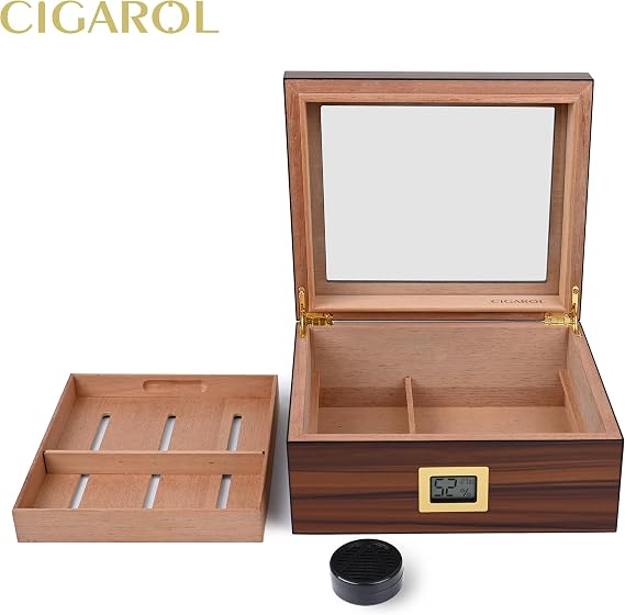 Cigar Humidor, Glass Top Desktop Humidor Case with Digital Hygrometer & Humidifier, Spanish Cedar Wood Lining Humidor Box, Holds 30 Cigars, Holiday Gift for Men