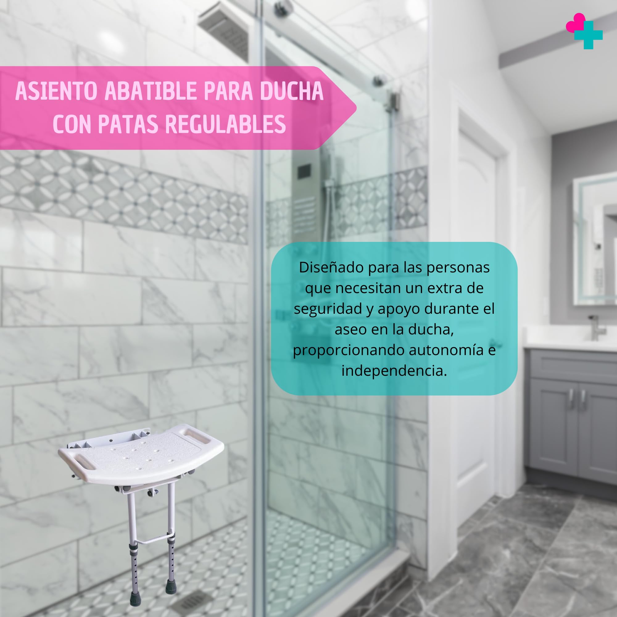 Asiento Abatible de Pared con Patas para Ducha. Asiento Ayudas Ducha Personas Movilidad Reducida. Asiento Plegable con Patas Regulables en Altura. Extra de Seguridad en Casa