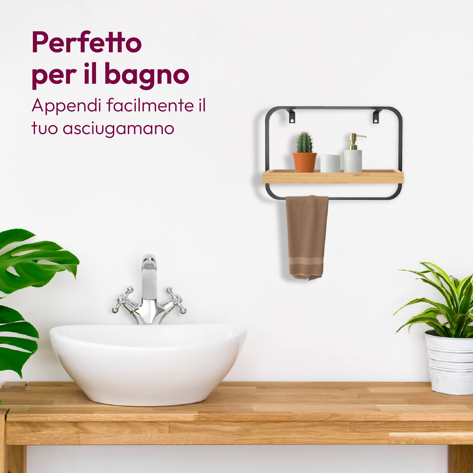 Mensola Da Parete In Bambù E Metallo - 39x26,5x10cm | Scaffale Rettangolare Per Soggiorno, Camera, Cucina - Foto 10